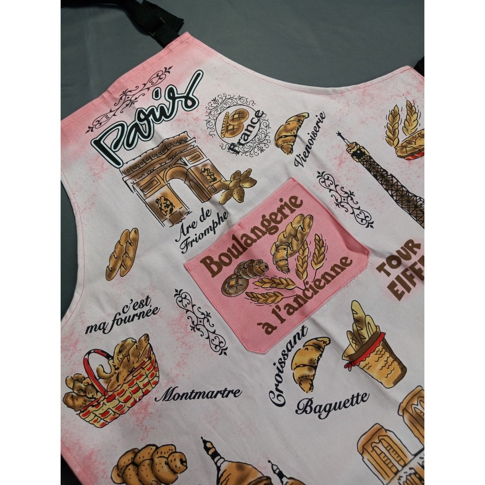 Paris Boulangerie French Bakery Print Cotton Bib Apron Pink White One Size